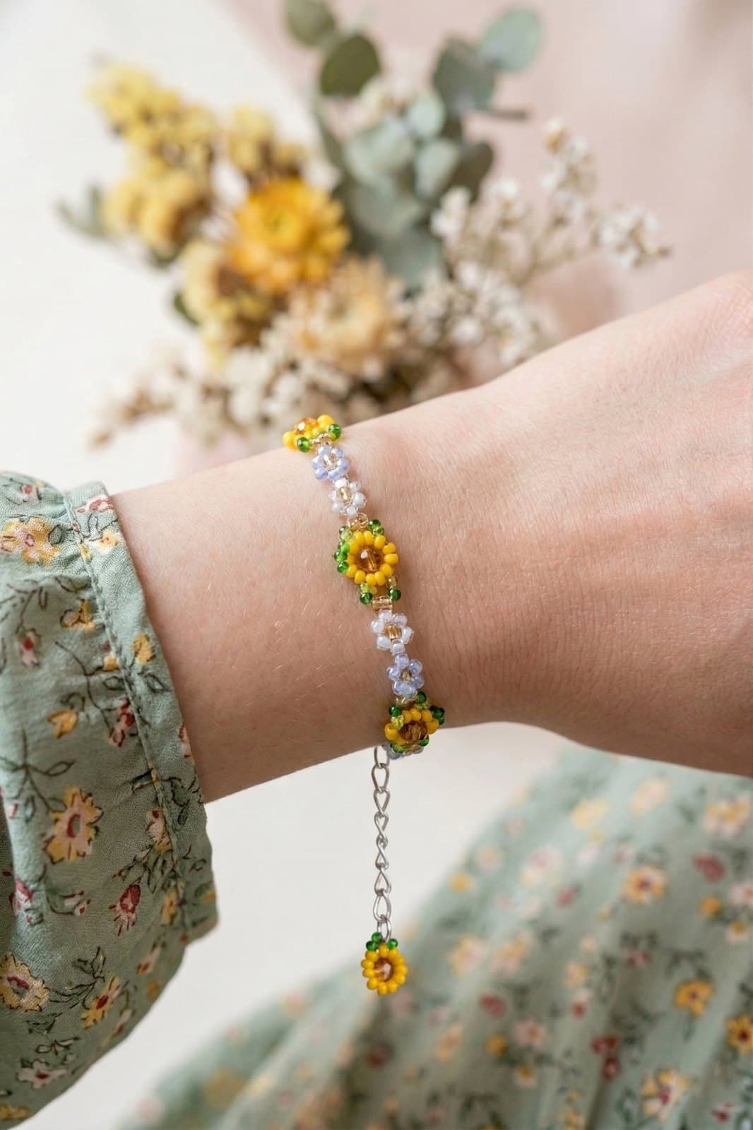 Handcrafted sunflower bracelet on the wrist